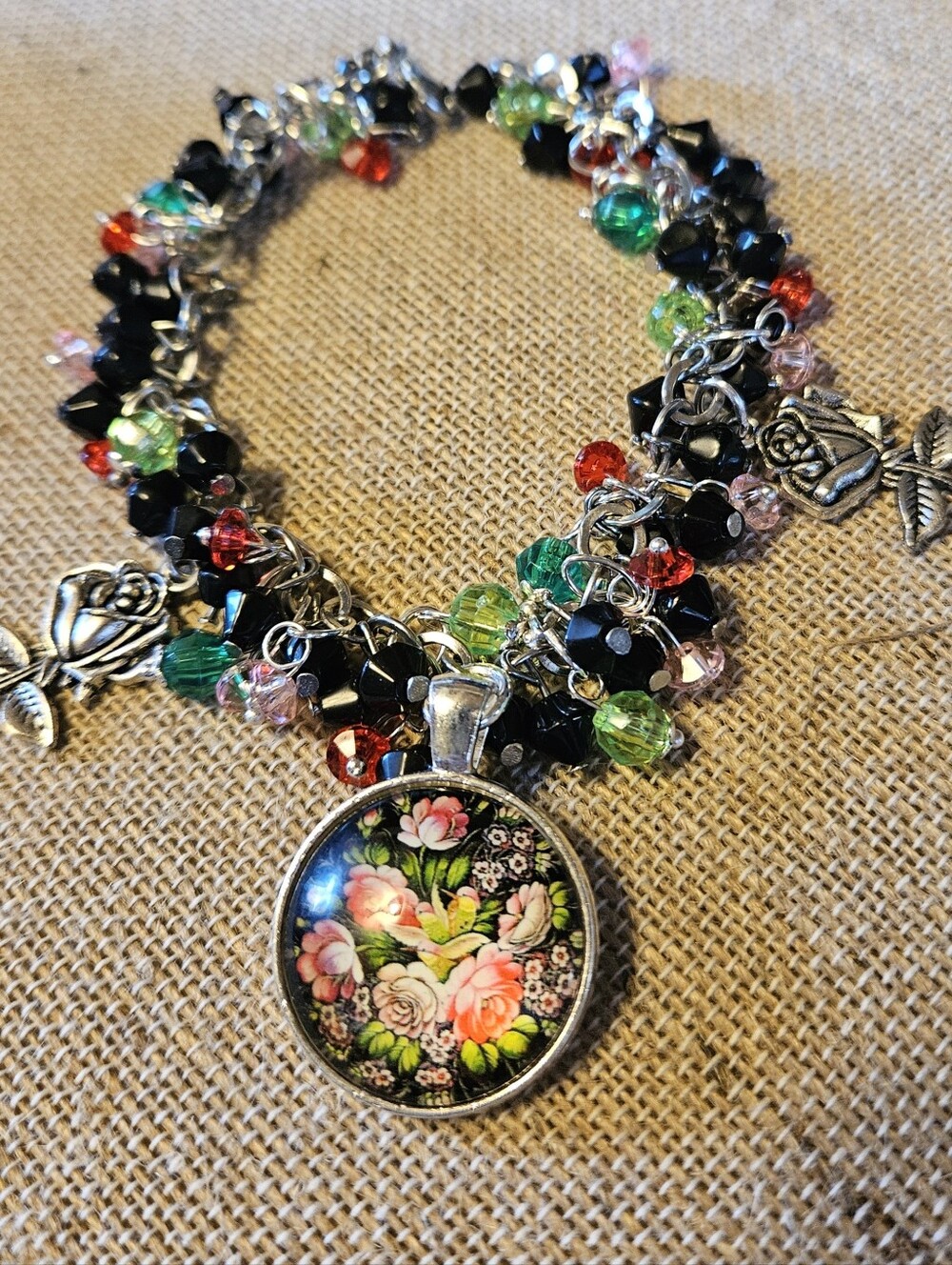 Floral Pendant Cha Cha Charm Bracelet - Black with Multicolor Accents